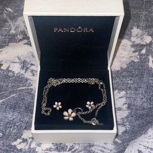 NWOT Pandora Pink Cherry Blossom Earrings and Necklace Set